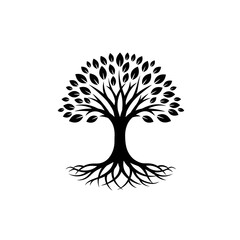 Monochrome Tree Silhouette: An elegant tree silhouette stands proud. Its roots reaching deep, and a canopy of leaves stretching towards the sky.