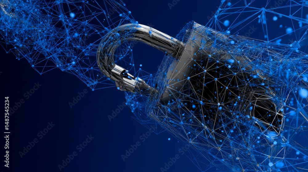 Aufkleber cyber security concept. lock symbol from lines and triangles, point connecting network on blue backg