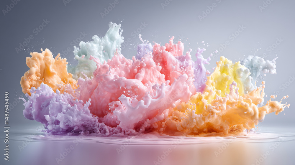 Poster colorful splash of liquids in vibrant hues creating a dynamic visual effect.