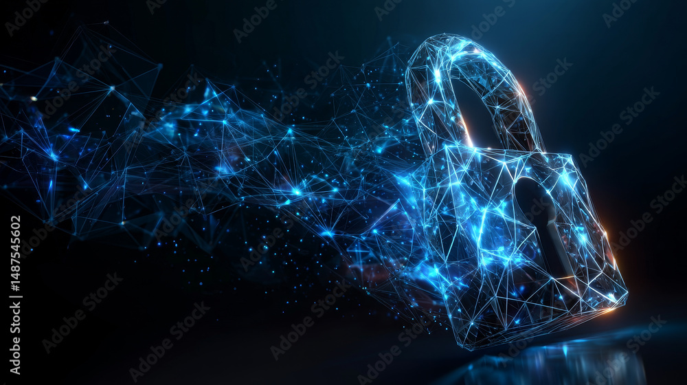Aufkleber cyber security concept. lock symbol from lines and triangles, point connecting network on blue backg