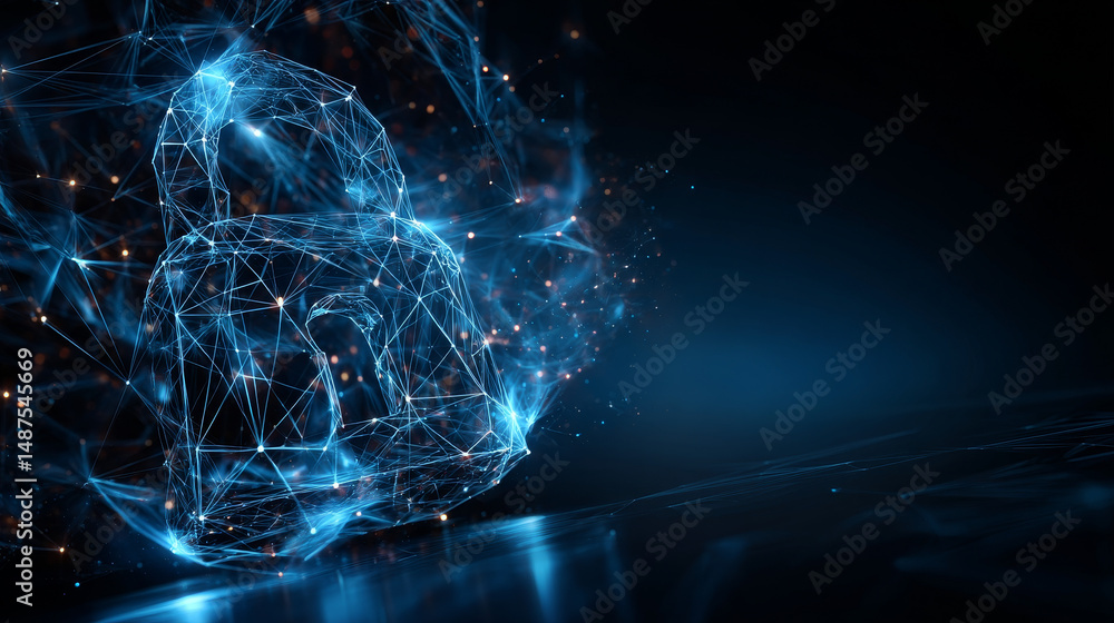 Poster cyber security concept. lock symbol from lines and triangles, point connecting network on blue backg