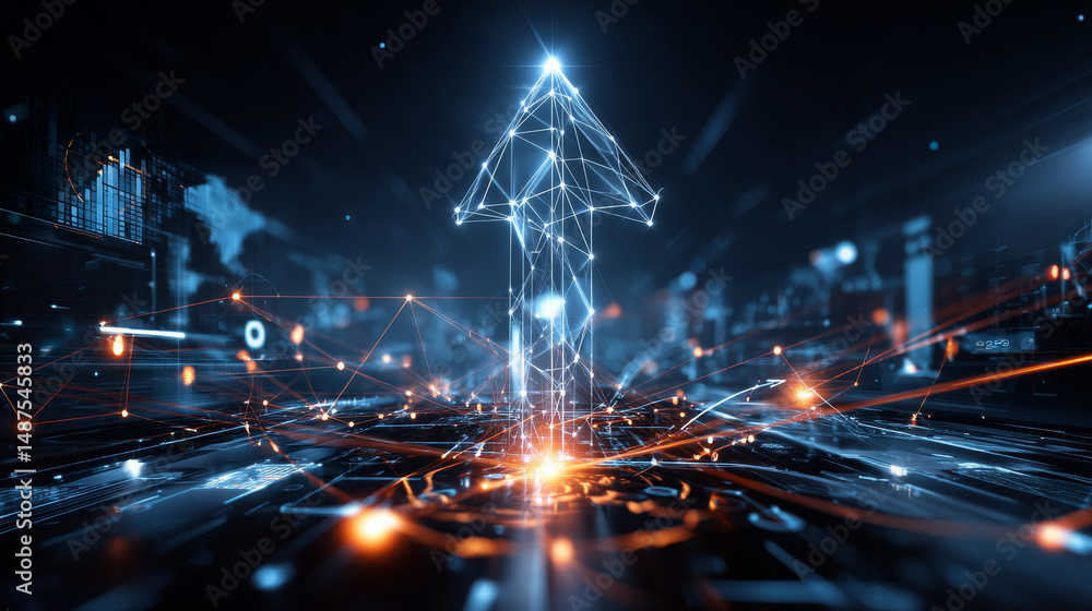 Poster startup concept. up arrow. abstract circuit lines futuristic technology digital hi tech background