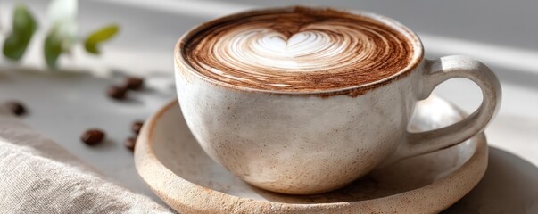 Obraz premium Coffee art latte in cup with vintage espresso style concept. A cozy cup of latte art with rich chocolate tones and vibrant textures.
