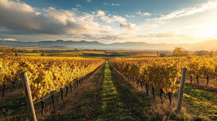Naklejka premium Golden vineyard rows stretch toward a tranquil horizon.