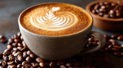 Coffee art latte in cup with warm tone hipster vibe concept. A beautifully crafted latte art in a cozy coffee cup.