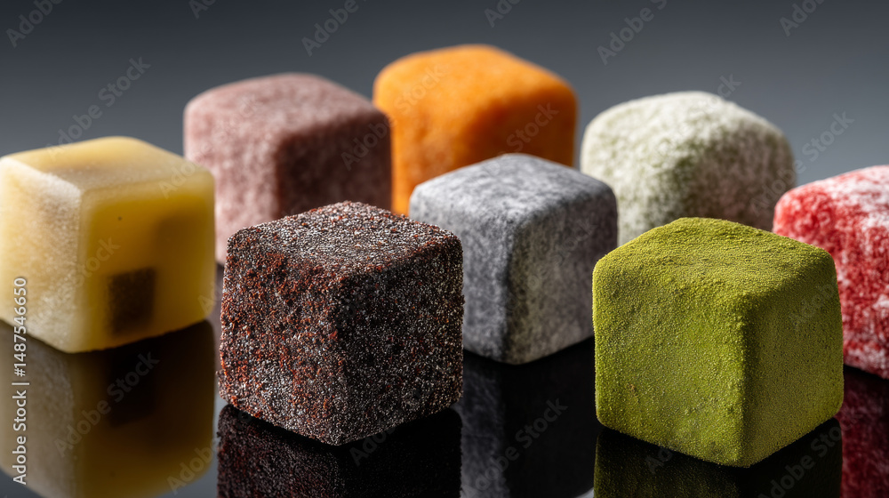 Poster colorful sugar cubes arranged in an artistic display on a reflective surface.
