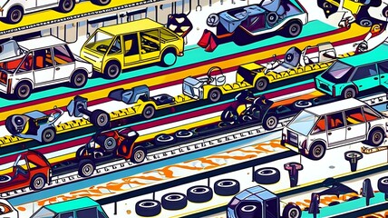Colorful Car Factory: A Whimsical Assembly Line of Automobiles in Various Stages of Production, Conveying a Sense of Movement and Industrial Creativity.