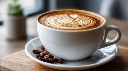 Coffee art latte with espresso and minimalist cafe vibe concept. A beautifully crafted latte with heart-shaped foam art.