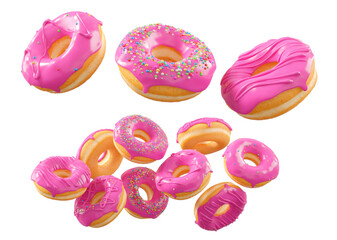 Donuts with pink fruit glaze, sprinkles, white drizzle, and dots isolated on white transparent background. 3d rendering and illustration of dessert variety