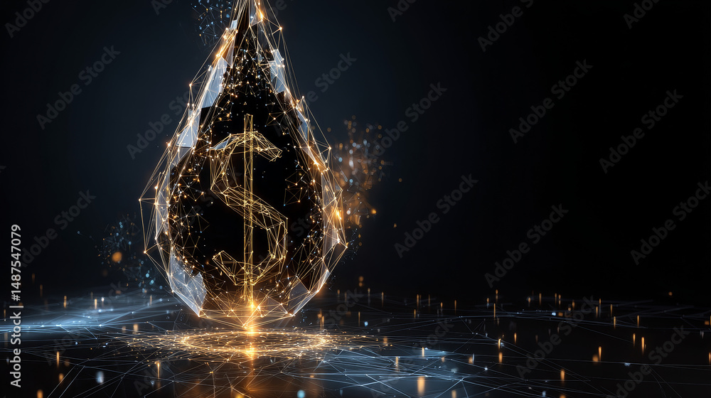 Poster oil drop with dollar sign from lines, triangles and particle style design. illustration vector