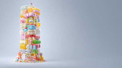 Colorful tower of assorted candies and sweets, showcasing a variety of textures and shapes.
