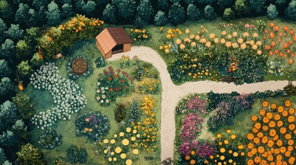 Aerial View of a Vibrant Flower Garden with a Shed and Winding Paths