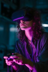 Fototapeta premium Virtual reality developer testing immersive UI in a neon lit dark interface