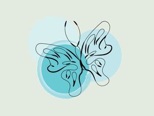 Abstract Butterfly Line Art Design with Teal Watercolor Circles