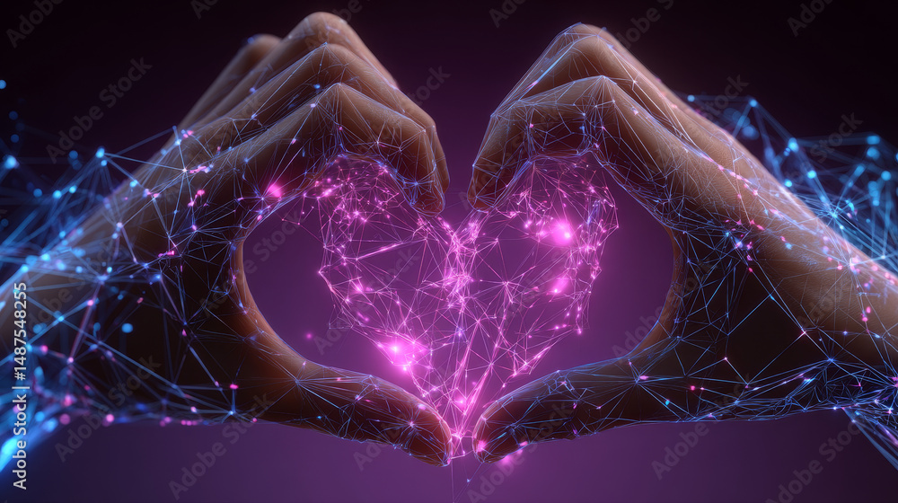 Poster hands making heart sign. valentines day background. abstract lines, triangles and particle style des