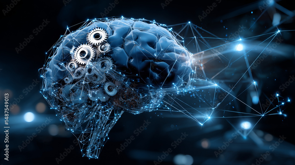 Poster brain and gear cog icon with lines and triangles, point connecting network on blue background. illus