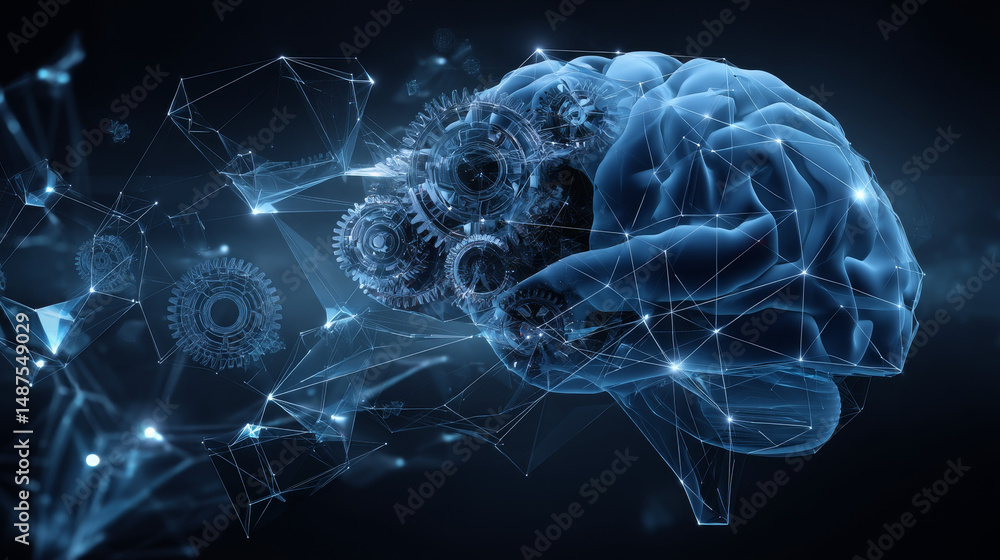 Poster brain and gear cog icon with lines and triangles, point connecting network on blue background. illus