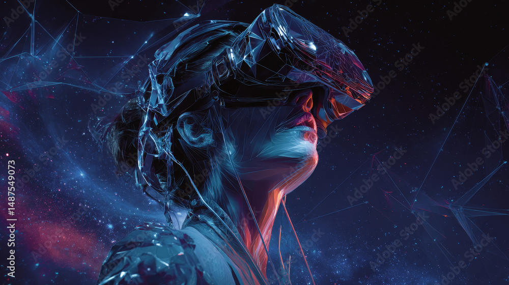 Poster wireframe man with vr headset sign mesh from a starry and start up concept background. future techno
