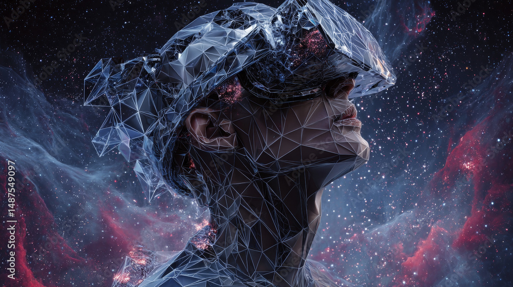 Poster wireframe man with vr headset sign mesh from a starry and start up concept background. future techno