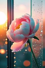 Pink rose on water, rose in front of sun glass window