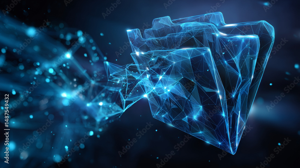 Poster file folder from lines and triangles, point connecting network on blue background. illustration vect
