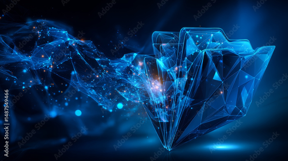 Poster File folder from lines and triangles, point connecting network on blue background. Illustration vector