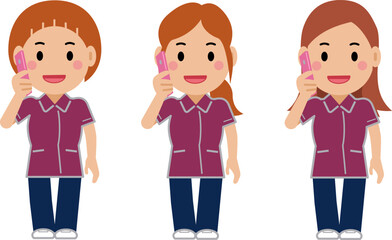 スマホで電話するえんじ色の制服の女性看護師。その2