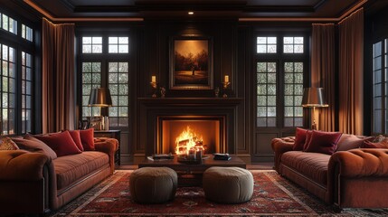 Cozy Living Room with Fireplace and Warm Lighting