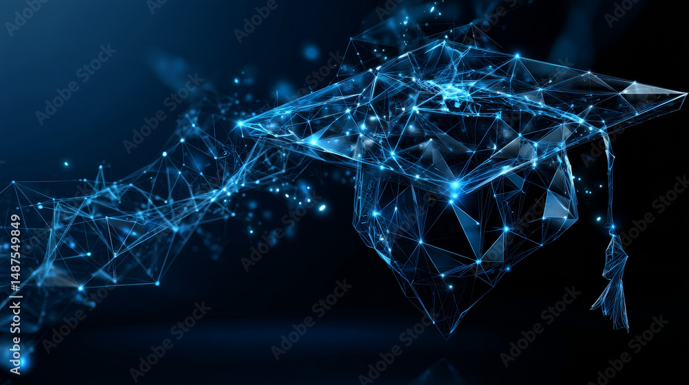 Poster abstract graduation cap form lines and triangles, point connecting network on blue background. illus