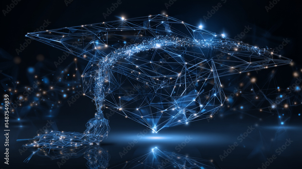 Poster abstract graduation cap form lines and triangles, point connecting network on blue background. illus