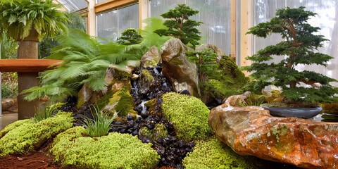 Miniature Zen Garden Landscape: Indoor Botanical Art with Waterfall and Mossy Rocks, Featuring Miniature Trees and Tropical Plants for a Peaceful Natural Scene and Rejuvenating Atmosphere