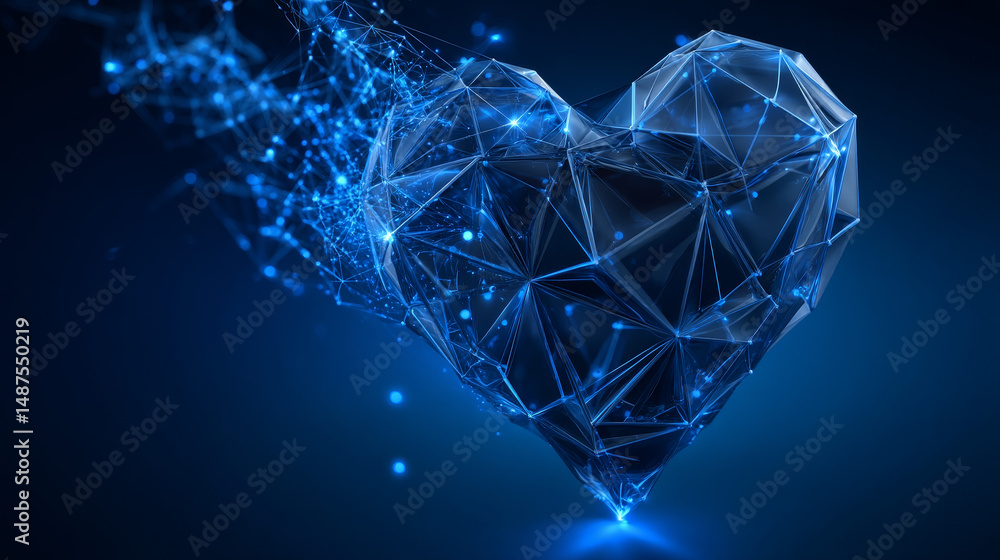 Poster abstract heart icon form lines and triangles, point connecting network on blue background. illustrat
