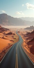 Fototapeta premium Desert road winding through mountainous terrain or A desert highway leading to distant mountains