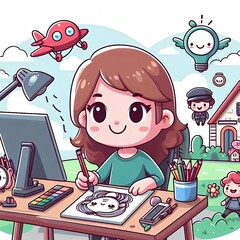 little girl playing with computer