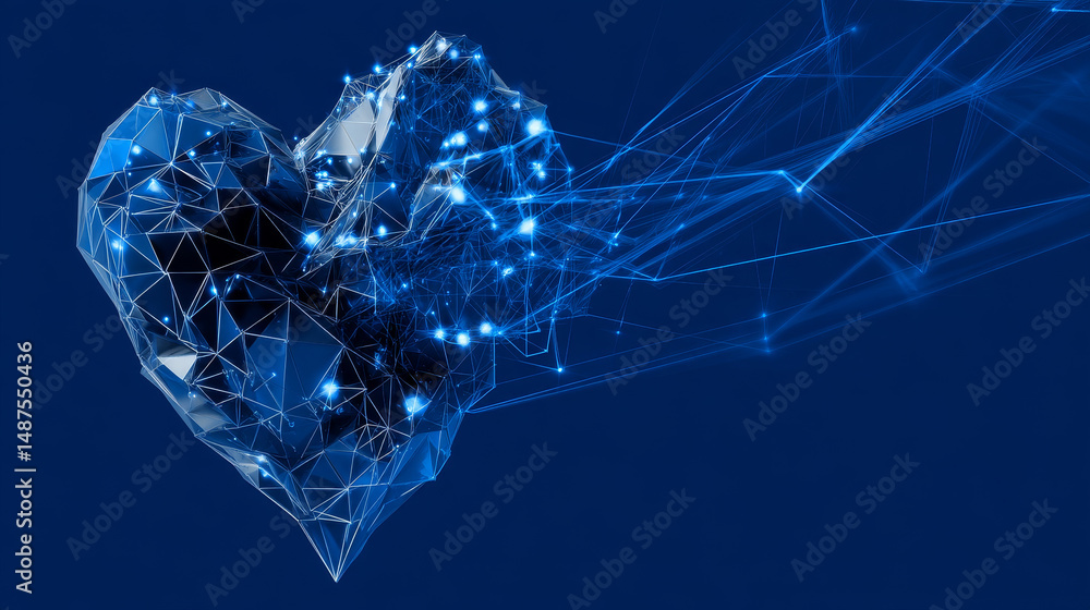 Poster abstract heart icon from lines and triangles, point connecting network on blue background. illustrat