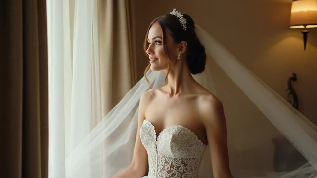 Beautiful and lovely bride in night gown and veil. Wedding morning. Slow motion