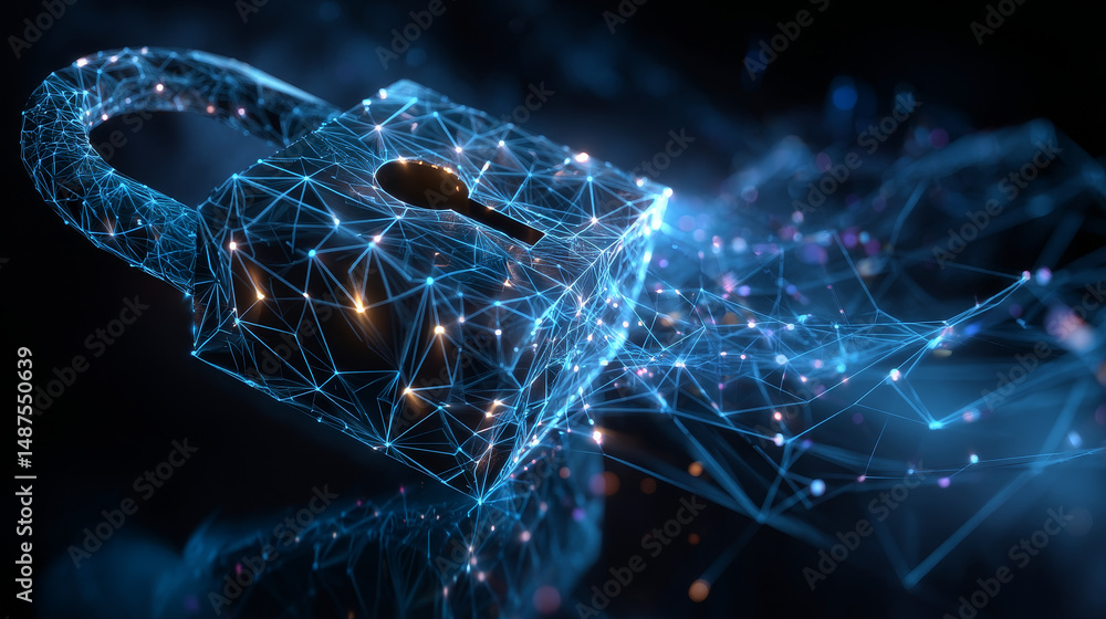 Poster cyber unlock security concept. lock symbol form lines and triangles, point connecting network on blu
