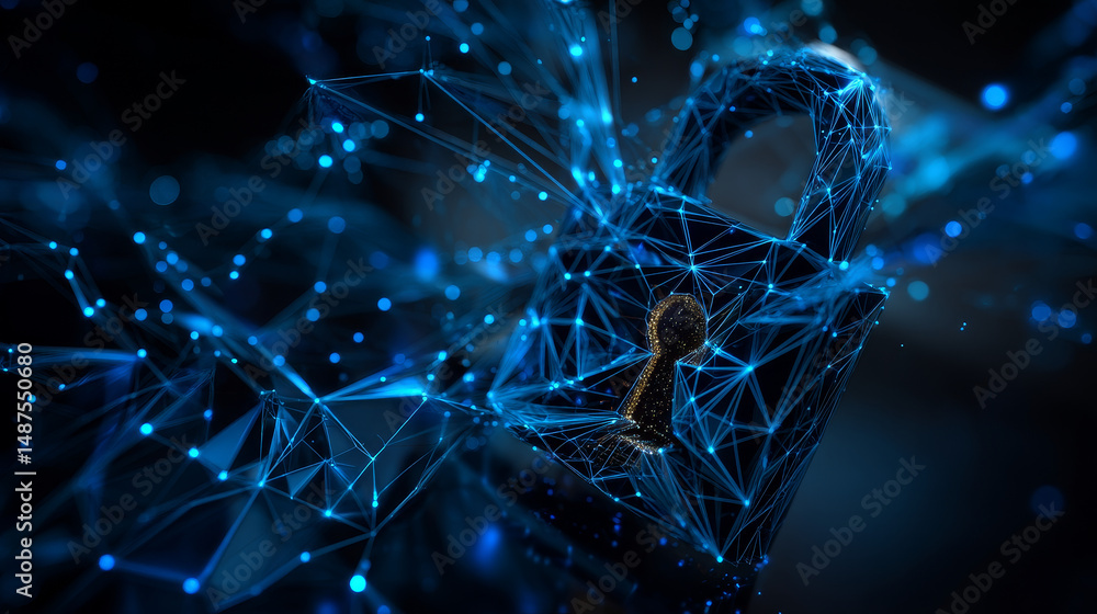 Poster cyber unlock security concept. lock symbol form lines and triangles, point connecting network on blu