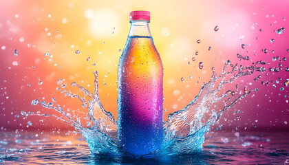 A vibrant energy drink bottle surrounded by colorful bubbles and splashes, radiating dynamic energy
