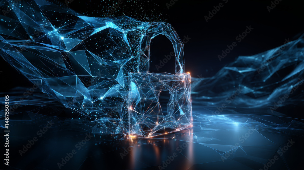 Poster digital cyber security concept. lock symbol from lines and triangles, point connecting network on bl
