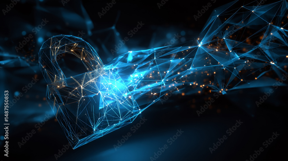 Poster digital cyber security concept. lock symbol from lines and triangles, point connecting network on bl