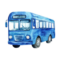 A watercolor blue bus on transparent background
