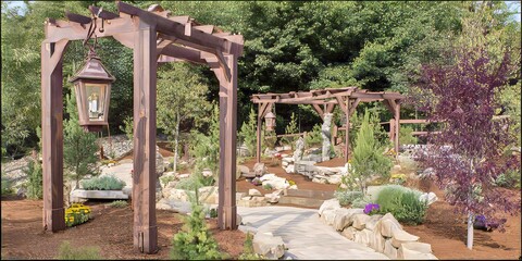 Tranquil Serenity in a Vibrant Nature: Wooden Pergola and Rock Pathway in Eco-Friendly Garden Oasis