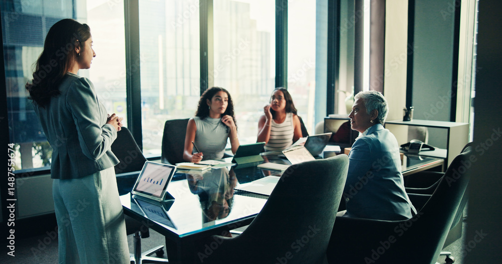 Poster meeting, planning and tablet with business woman in office for consulting, presentation or chart fee