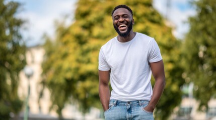 Joyful young man laughing outdoors in a relaxed setting