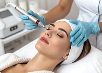 Close-up photo of a cosmetologist’s gloved hands holding a microneedling pen over a woman’s forehead, clean and professional clinical setting, no face visible.