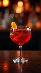 Cocktail in a martini glass with an orange garnish on the table