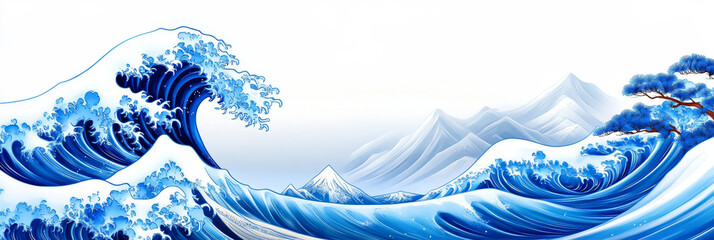 Majestic Ocean Waves and Mountains - Stunning artwork depicting powerful ocean waves crashing against a serene mountain range. Blue hues dominate, creating a peaceful yet dynamic scene