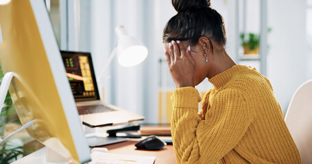 Creative, computer and woman with headache in office for bad client feedback, internet glitch and...