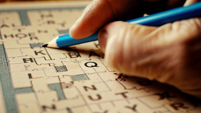 Senior solving word puzzle, carefully arranging letter tiles with blue pencil, displaying mental sharpness and problem solving skills during challenging game